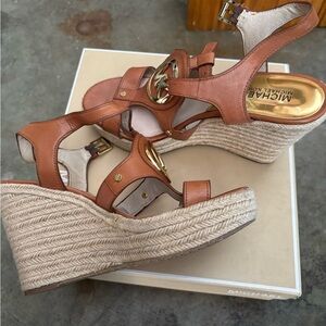 Michael Kors Cognac Leather Espadrille Wedge Sandals with Gold Logo